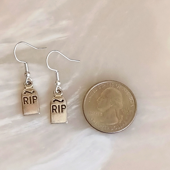 Silver RIP Tombstone Handmade Earrings - Picture 3 of 3